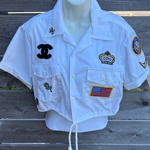 Repurposed NAVY ROTC White Cropped Shirt with Patches by “Jagged Threads”